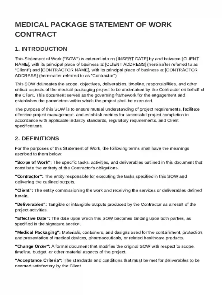 Medical Packag Statement Of Work Contract Template Preview on Page 1