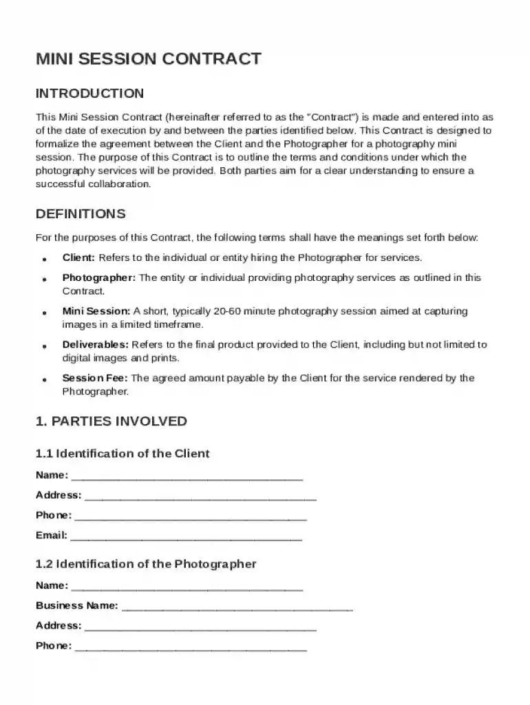 Mini Session Contract Template Preview on Page 1