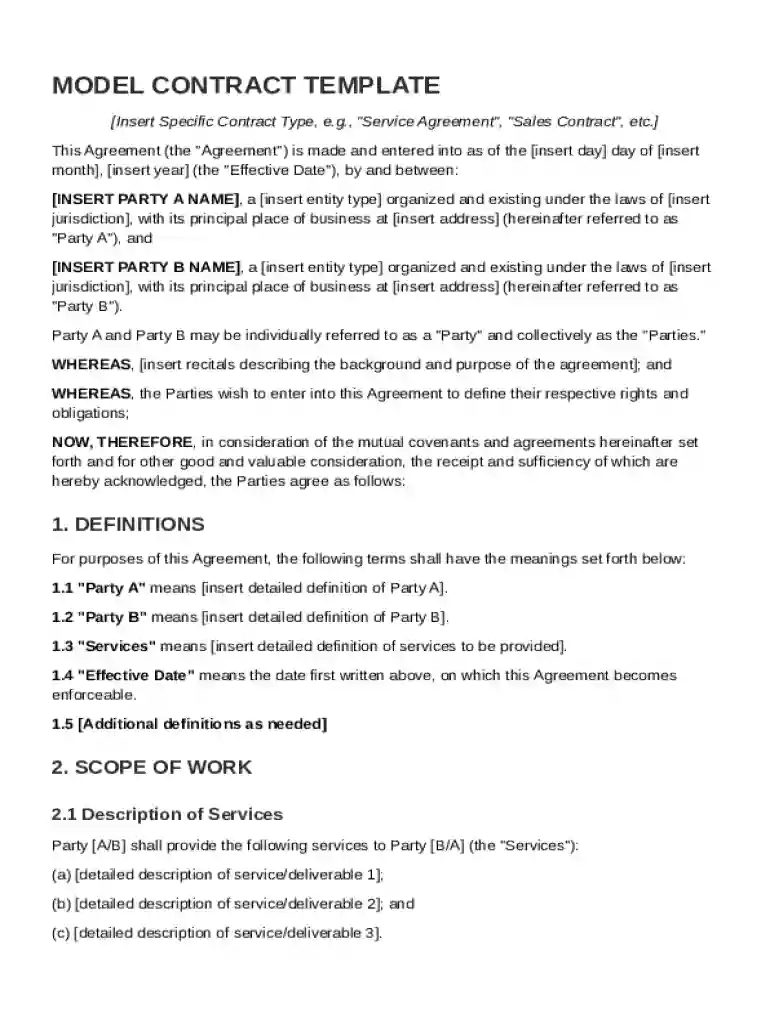 Model Contract Template Preview on Page 1