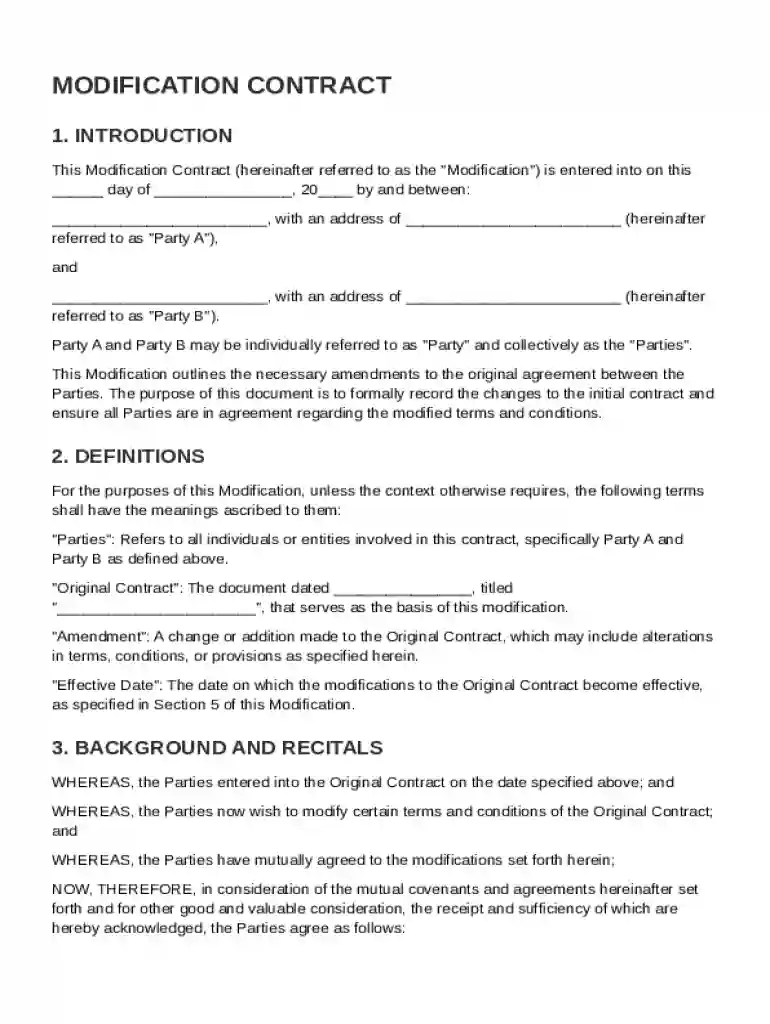 Modification Contract Template Preview on Page 1