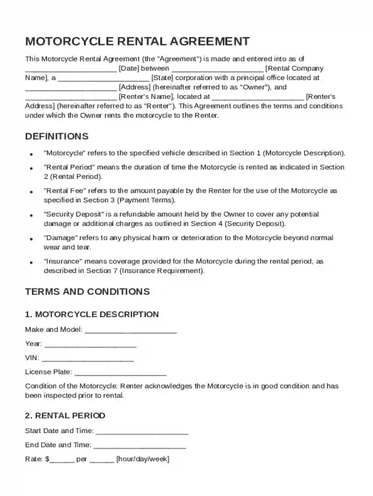 Motorcycle Rental Contract Template Preview on Page 1