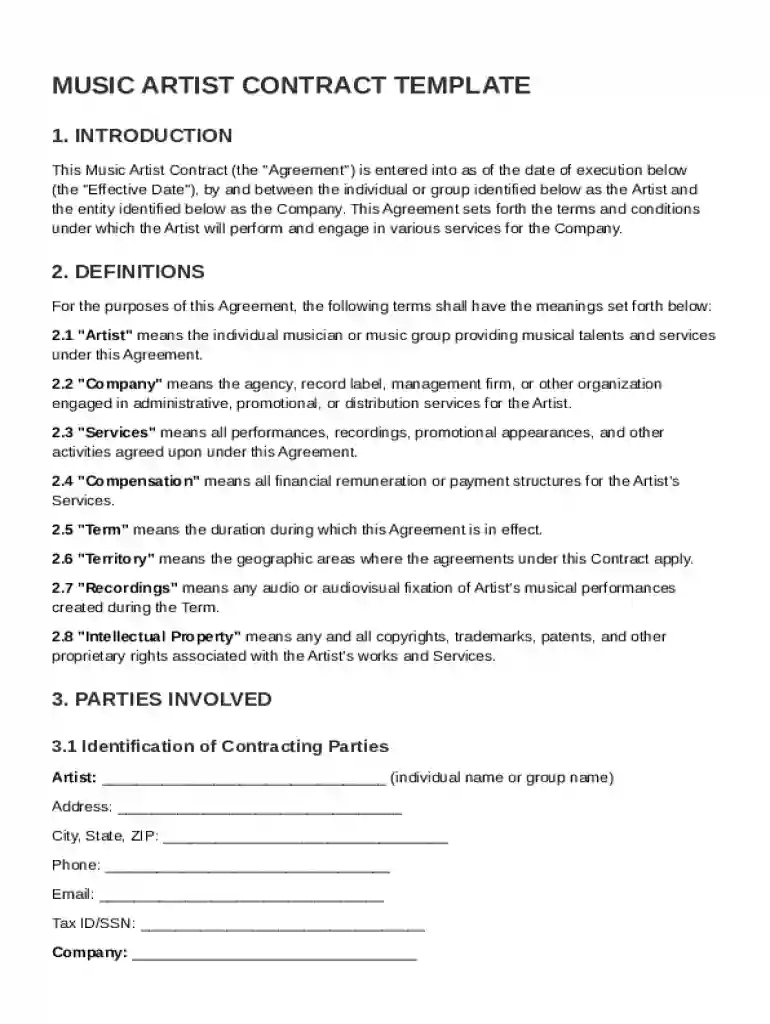 Music Artist Contract Template Preview on Page 1