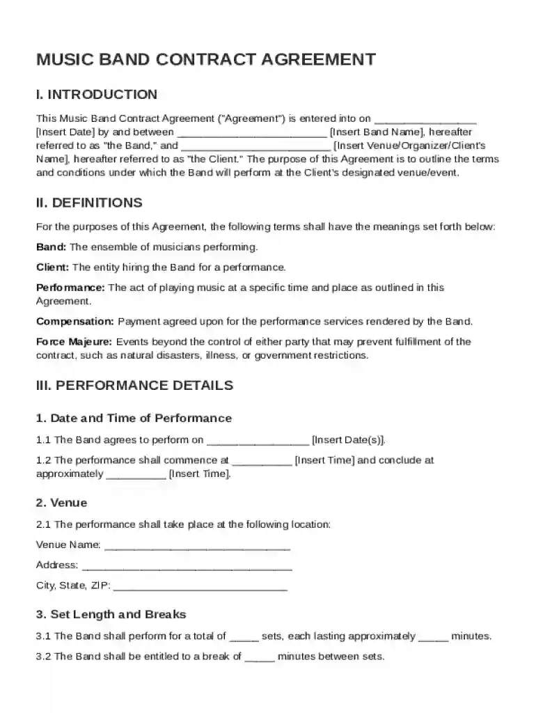 Music Band Contract Template Preview on Page 1