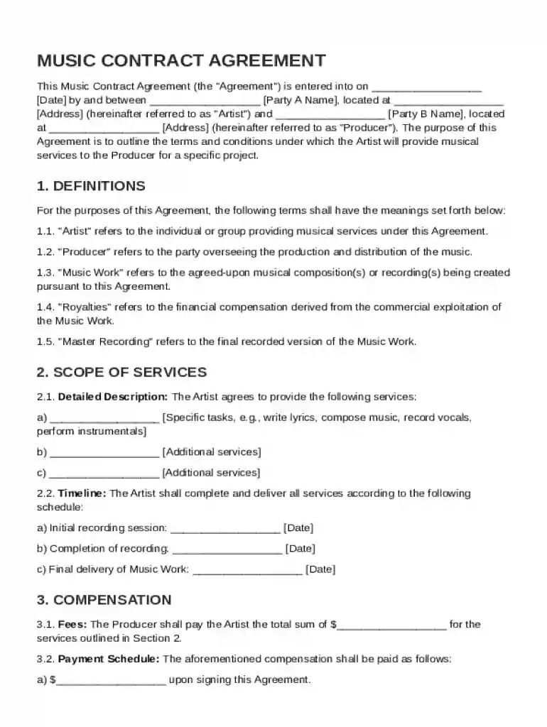 Music Contract Template Preview on Page 1