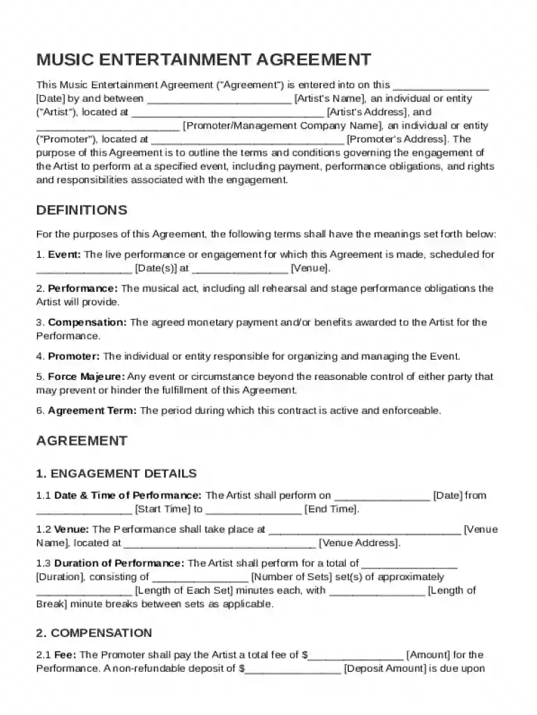 Music Entertainment Contract Template Preview on Page 1