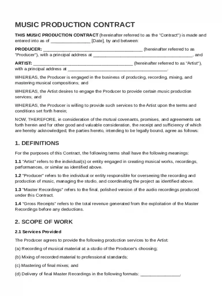 Music Production Contract Template Preview on Page 1