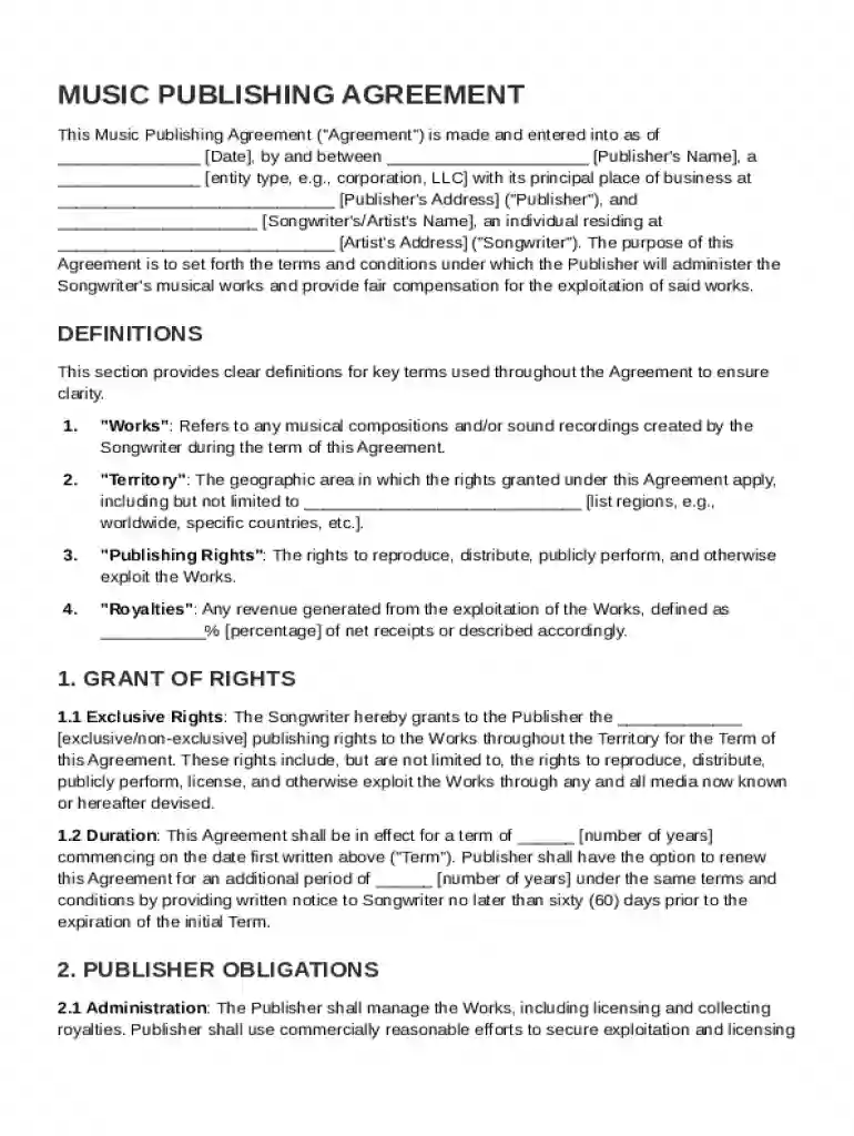 Music Publish Contract Template Preview on Page 1