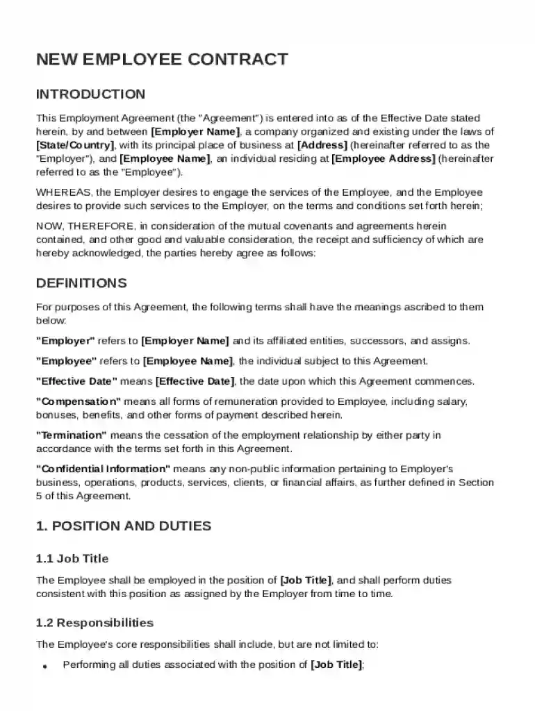 New Employee Contract Template Preview on Page 1
