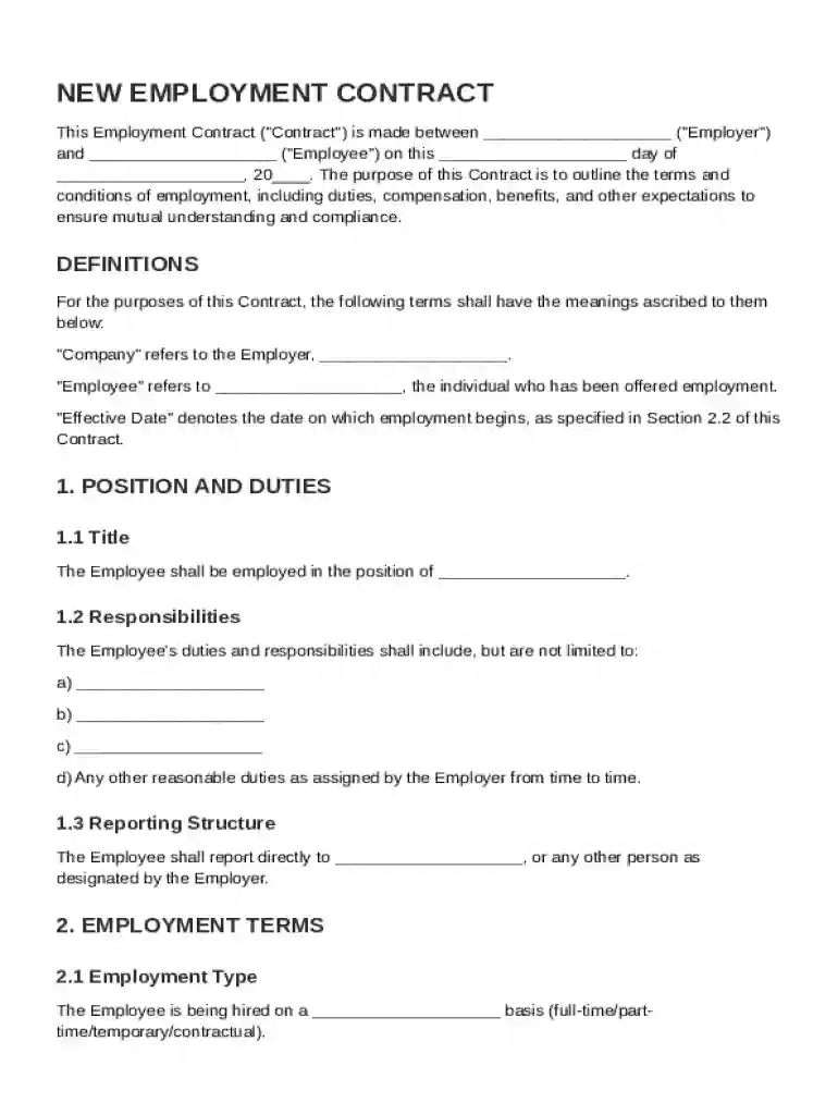 New Employment Contract Template Preview on Page 1