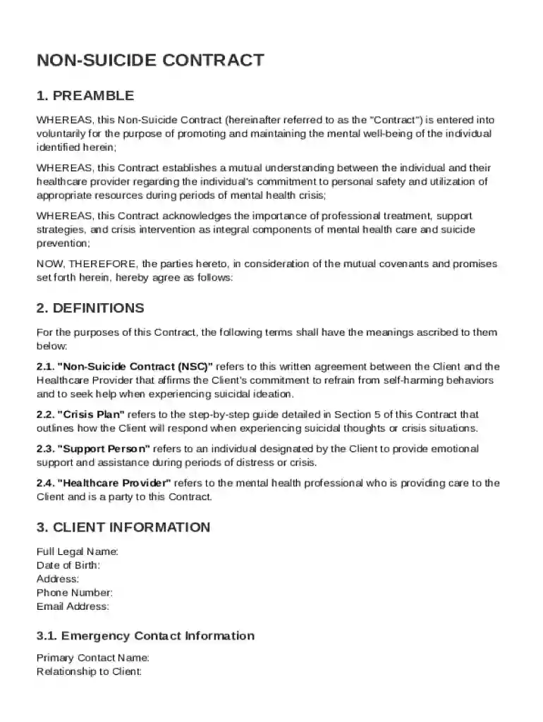Non Suicide Contract Template Preview on Page 1