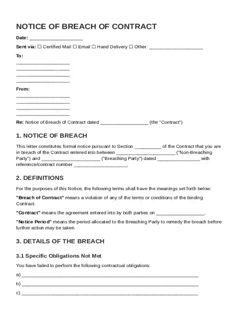 Notice Of Breach Of Contract Template Preview on Page 1