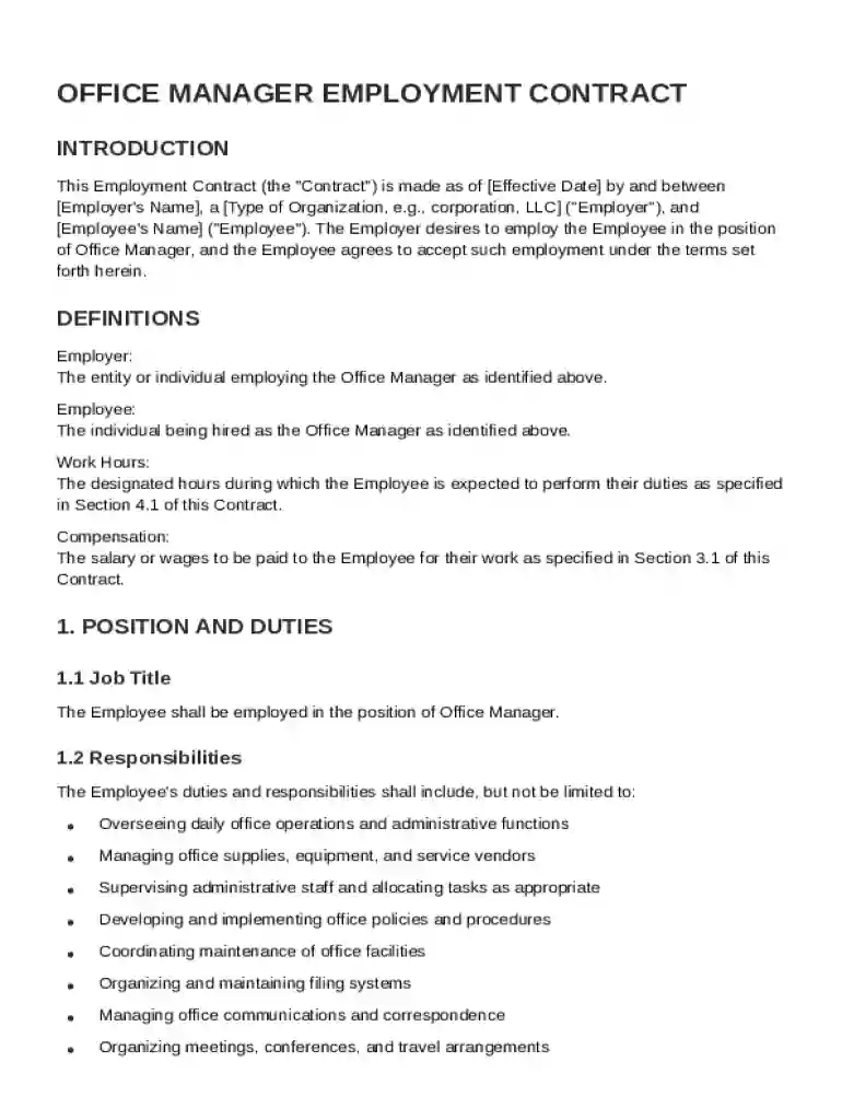 Office Manager Contract Template Preview on Page 1