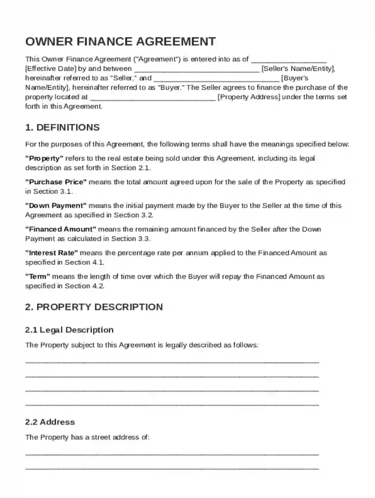 Owner Finance Contract Template Preview on Page 1