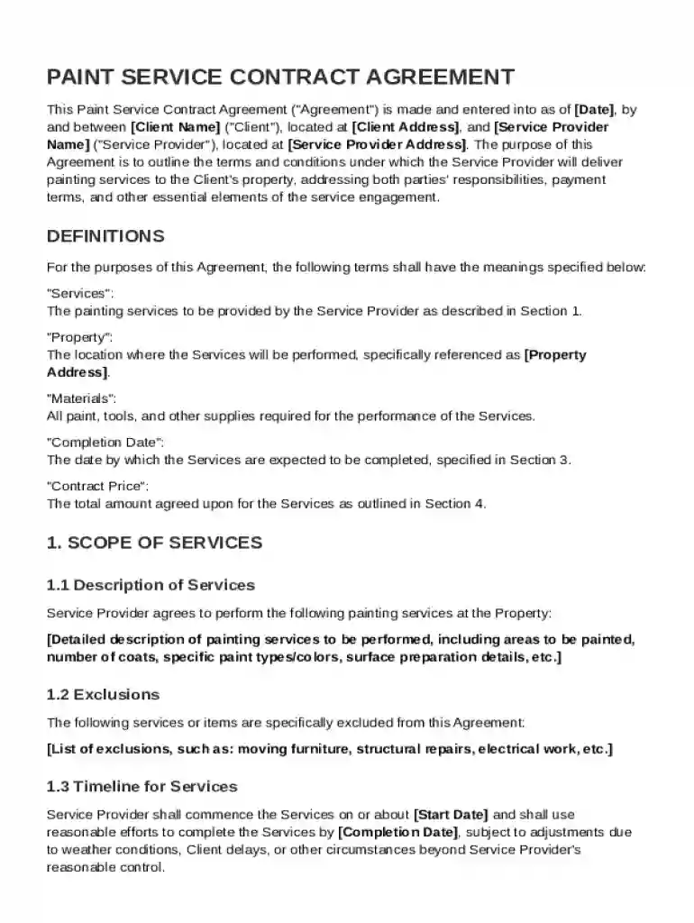 Paint Service Contract Template Preview on Page 1