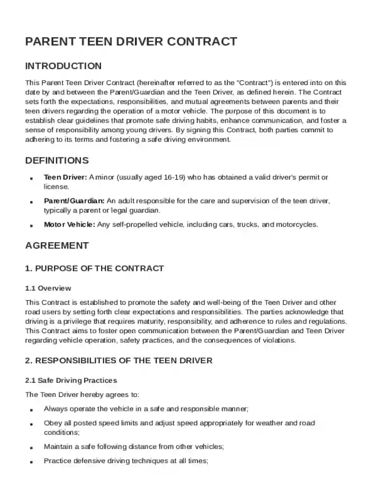 Parent Teen Driv Contract Template Preview on Page 1