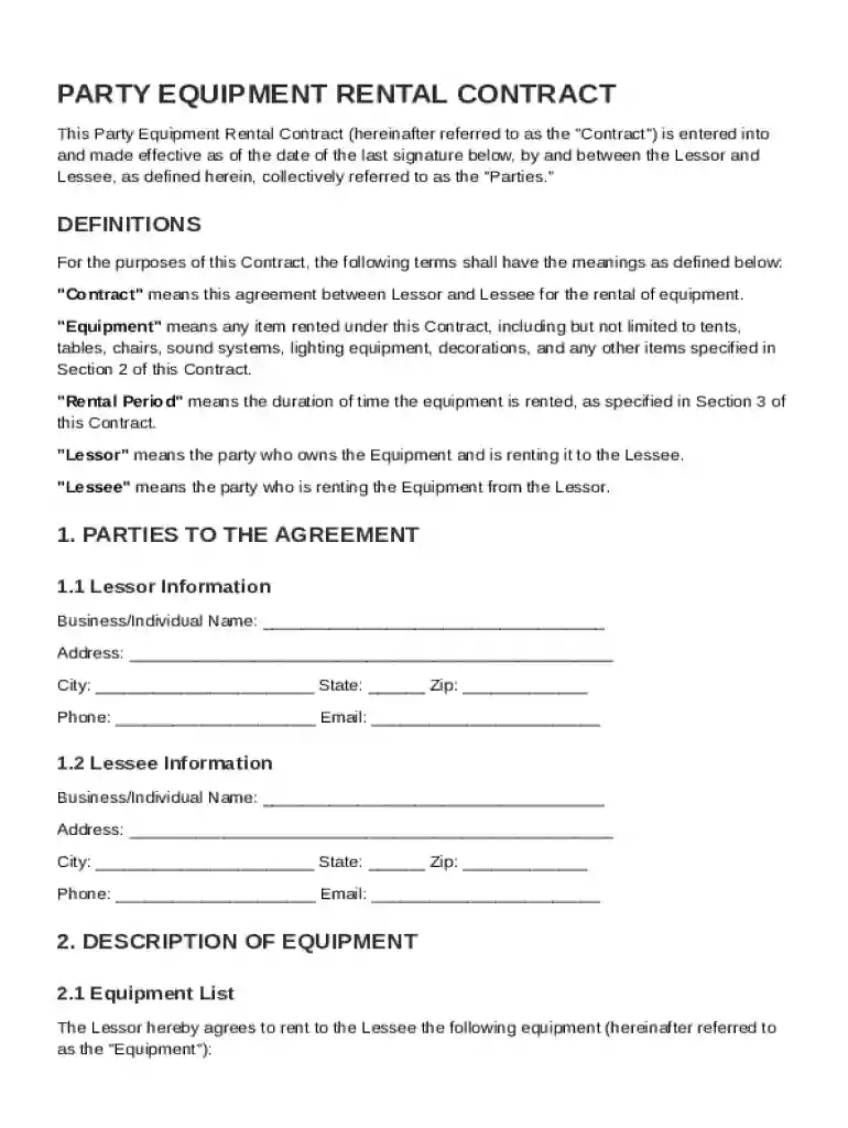 Party Equipment Rental Contract Template Preview on Page 1