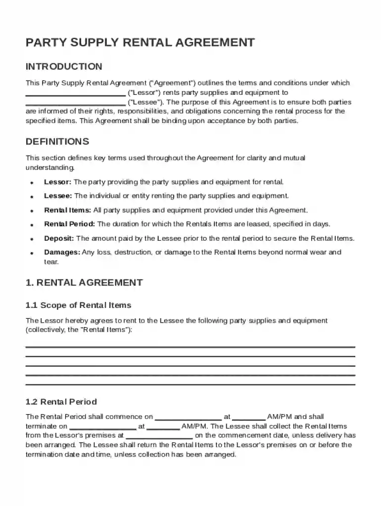 Party Supply Party Rental Contract Template Preview on Page 1