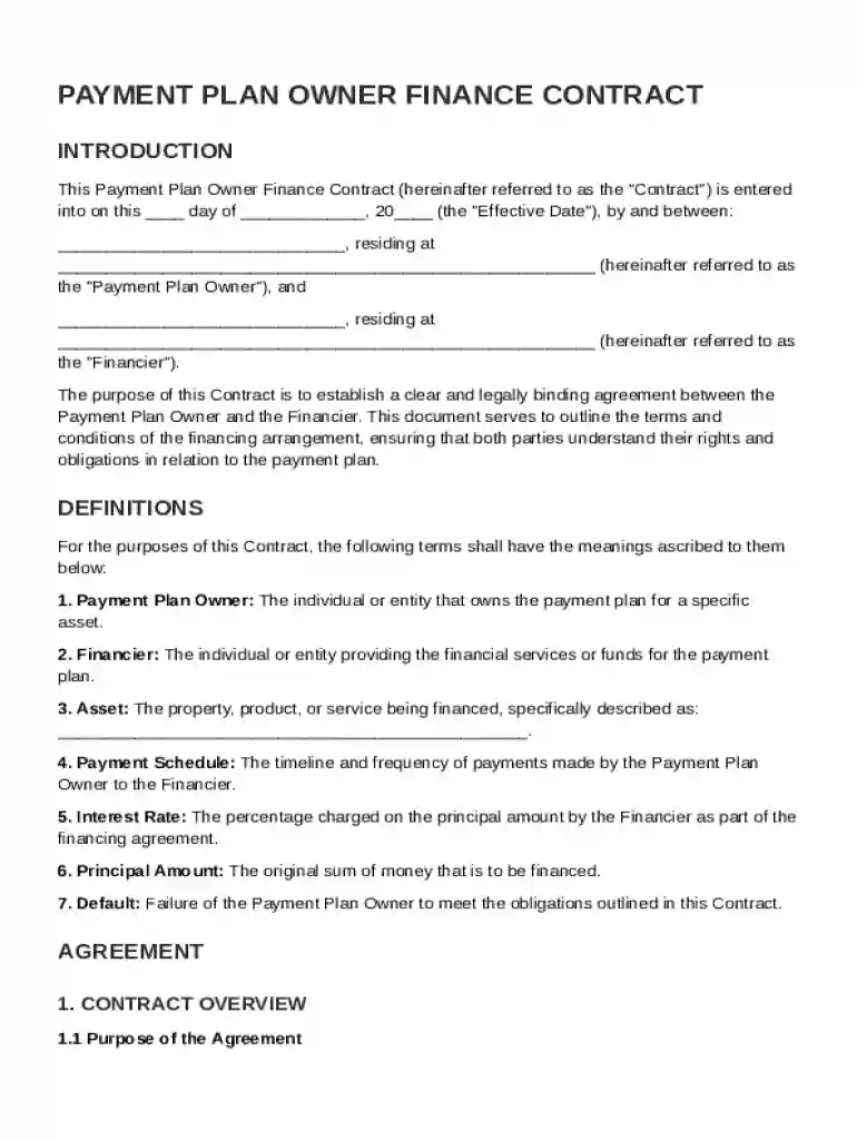Payment Plan Owner Financ Contract Template Preview on Page 1