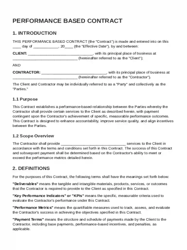 Performance Based Contract Template Preview on Page 1