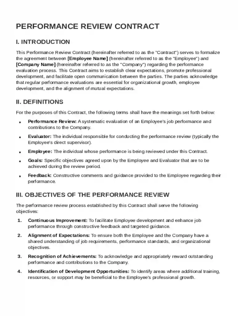 Performance Review Contract Template Preview on Page 1