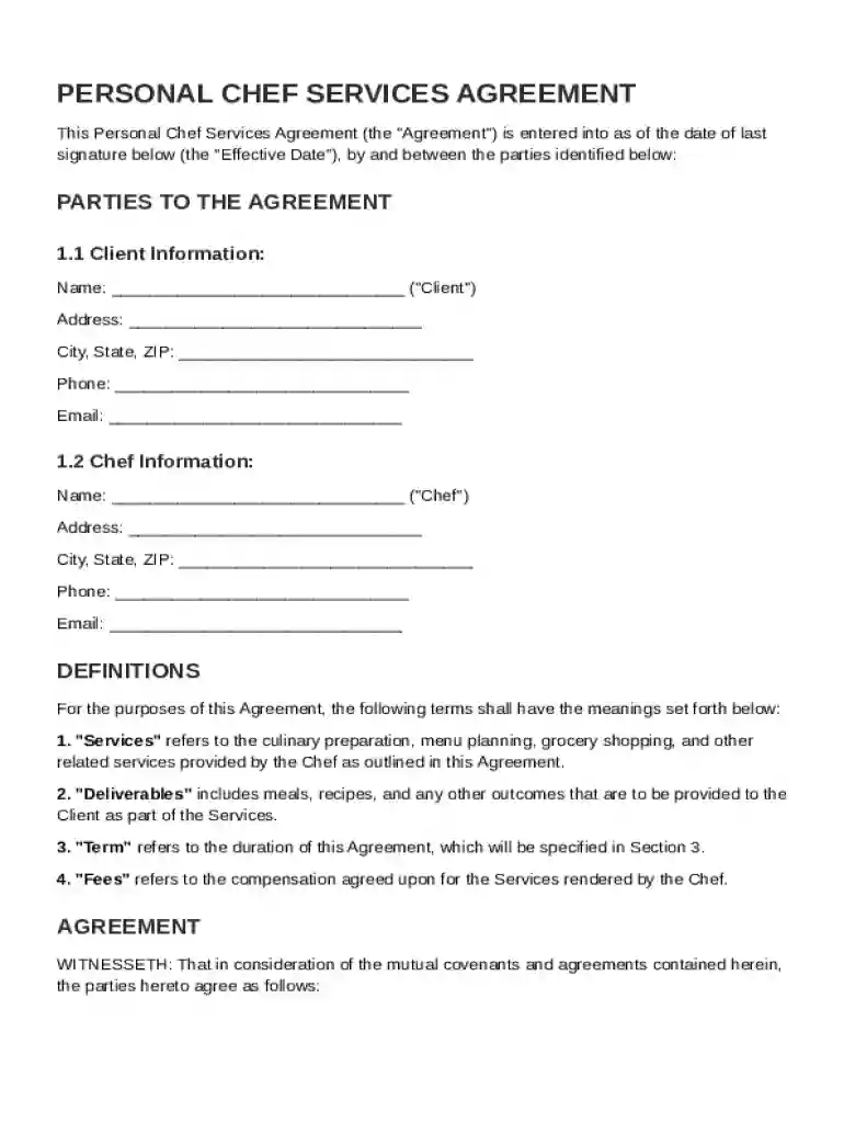 Personal Chef Contract Template Preview on Page 1
