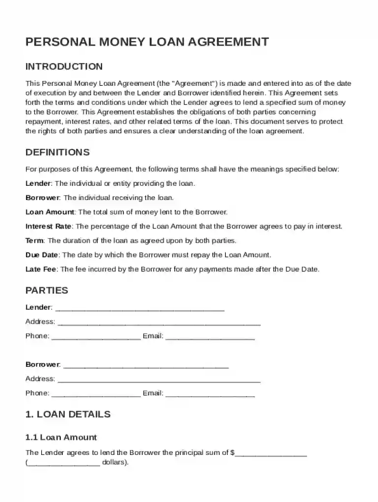 Personal Money Loan Contract Template Preview on Page 1