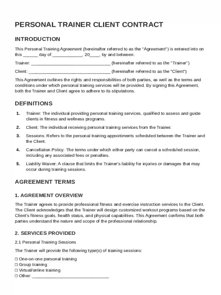 Personal Trainer With Client Contract Template Preview on Page 1