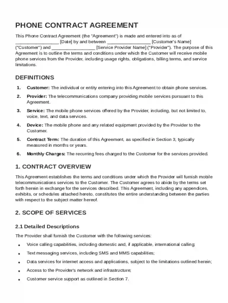 Phone Contract Template Preview on Page 1