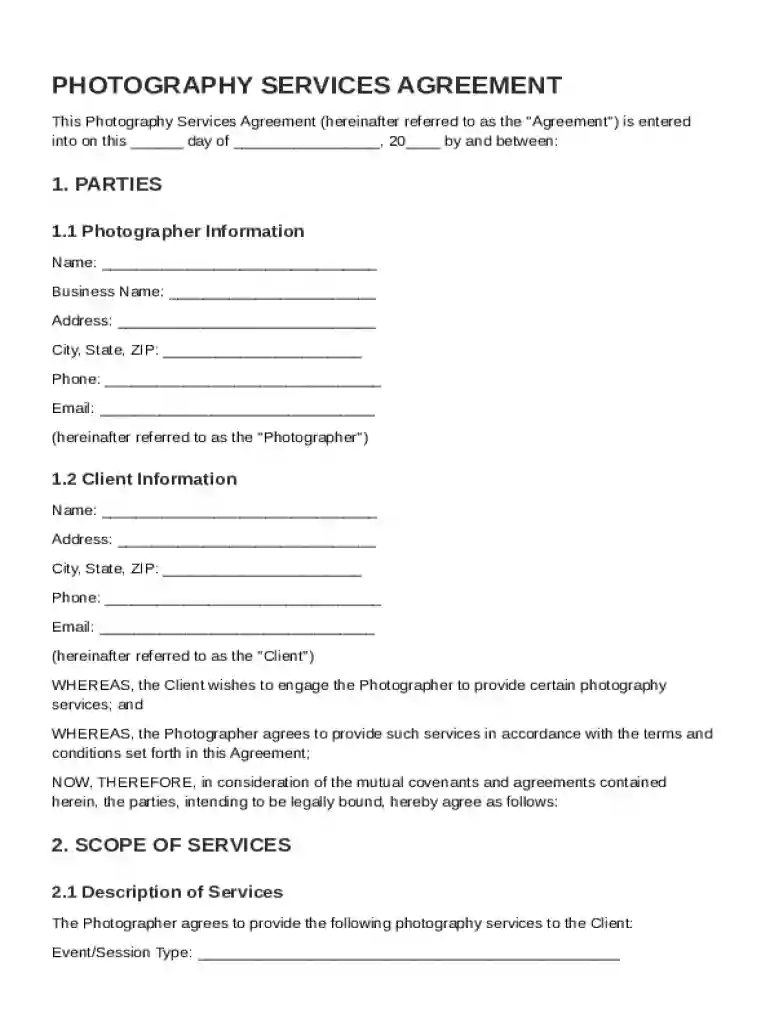 Photographer Contract Template Preview on Page 1