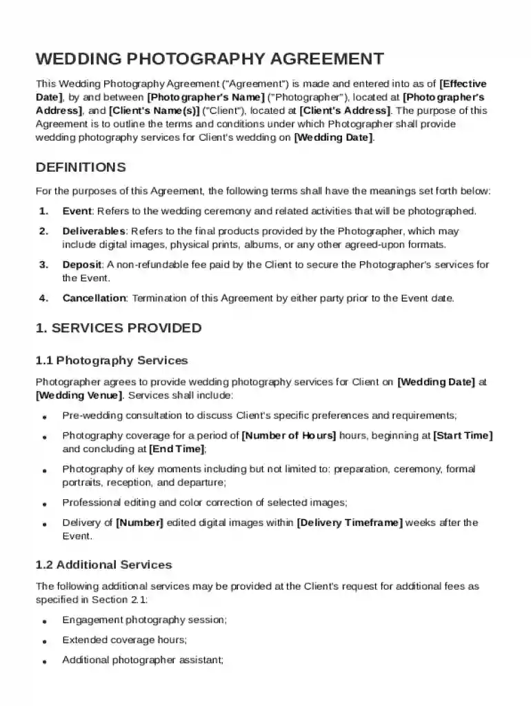Photographer Wedding Contract Template Preview on Page 1