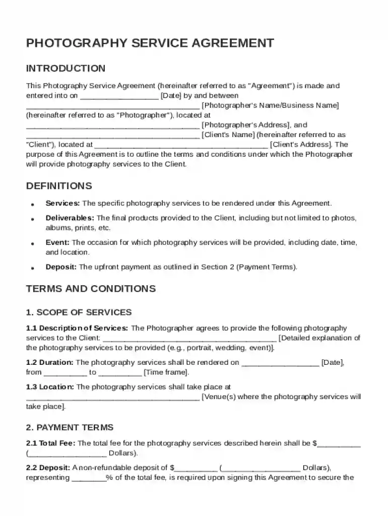 Photography Client Contract Template Preview on Page 1