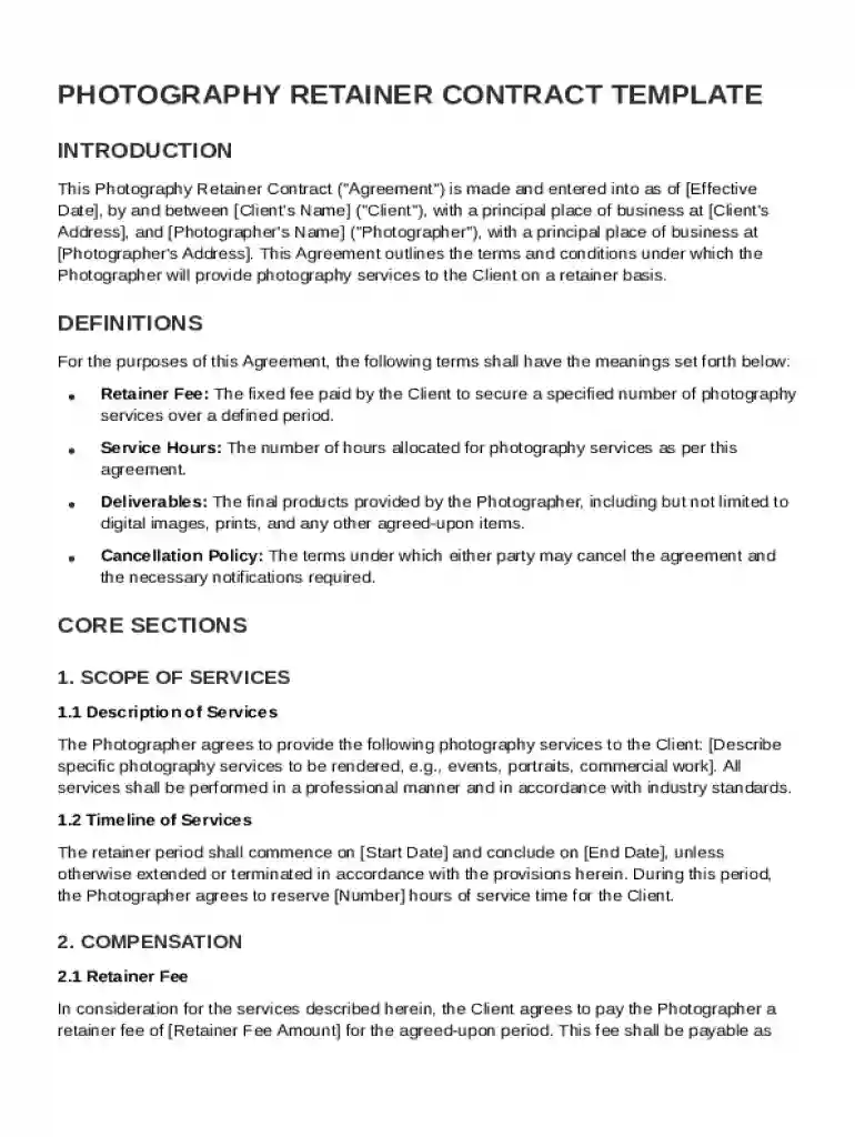 Photography Retainer Contract Template Preview on Page 1