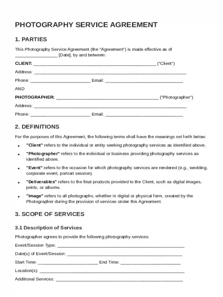 Photography Sheet Contract Template Preview on Page 1
