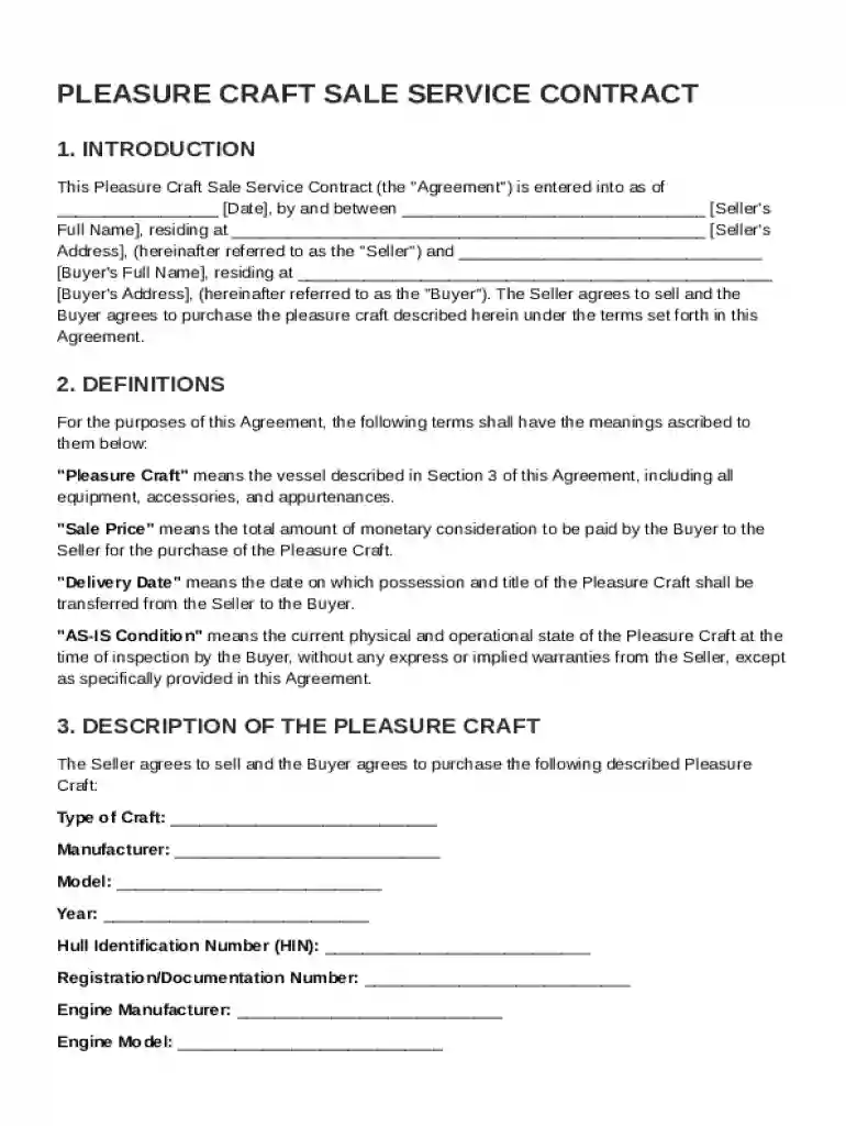 Pleasure Craft Sale Service Contract Template Preview on Page 1