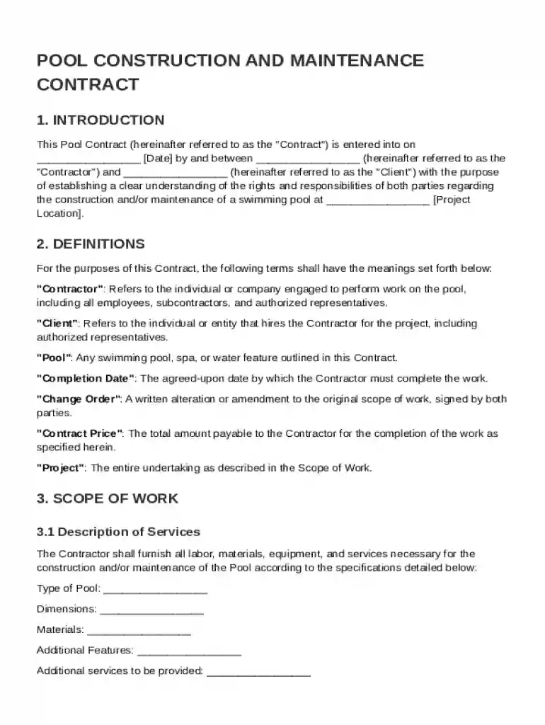 Pool Contract Template Preview on Page 1