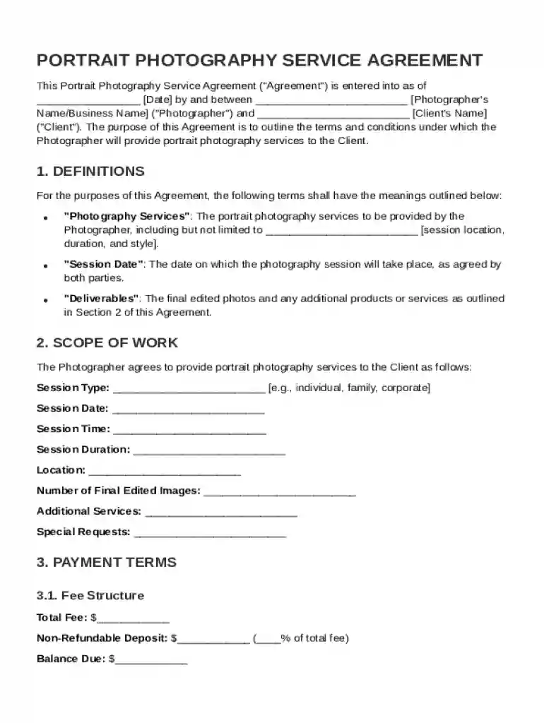 Portrait Photography Contract Template Preview on Page 1
