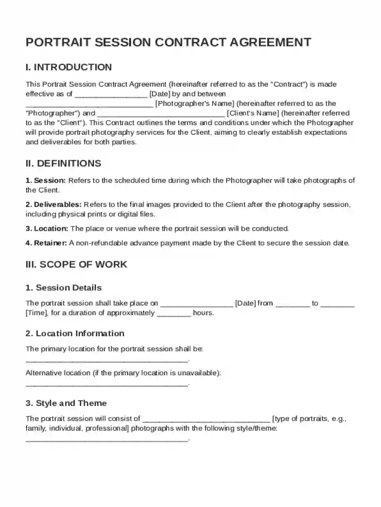 Portrait Session Contract Template Preview on Page 1