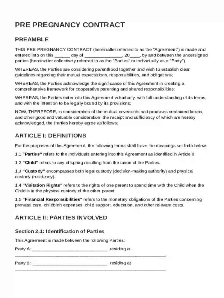 Pre Pregnancy Contract Template Preview on Page 1