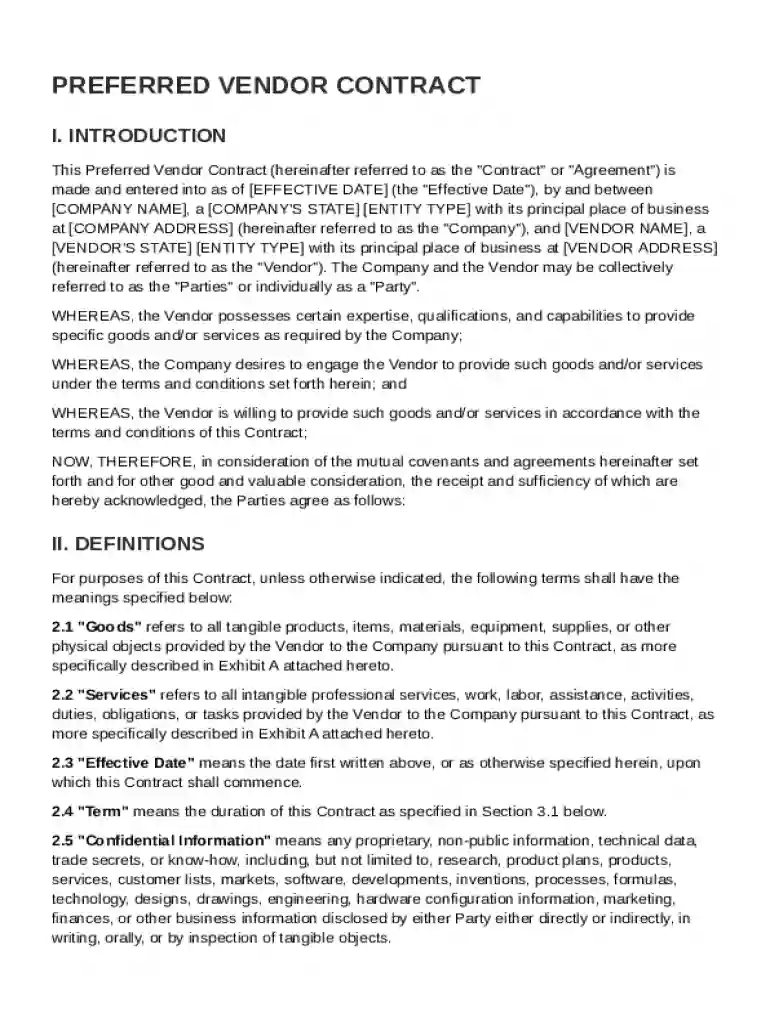 Preferred Vendor Contract Template Preview on Page 1