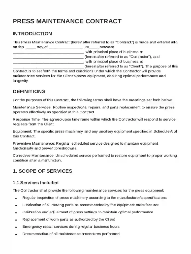 Press Maintenance Contract Template Preview on Page 1