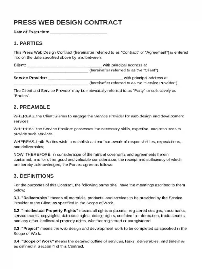 Press Web Design Contract Template Preview on Page 1