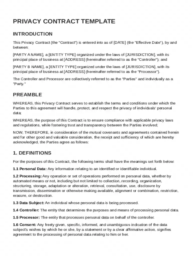 Privacy Contract Template Preview on Page 1