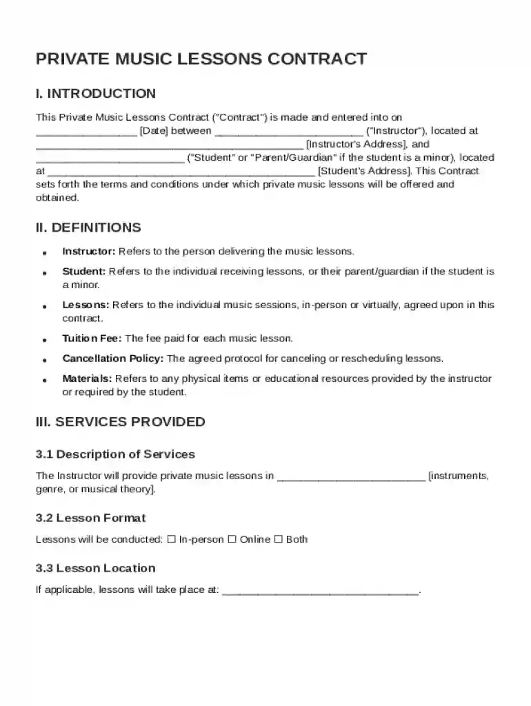 Private Music Lessons Contract Template Preview on Page 1