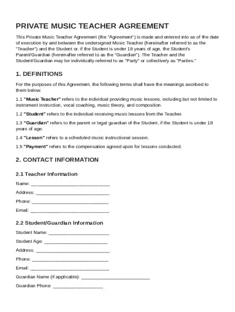 Private Music Teacher Contract Template Preview on Page 1