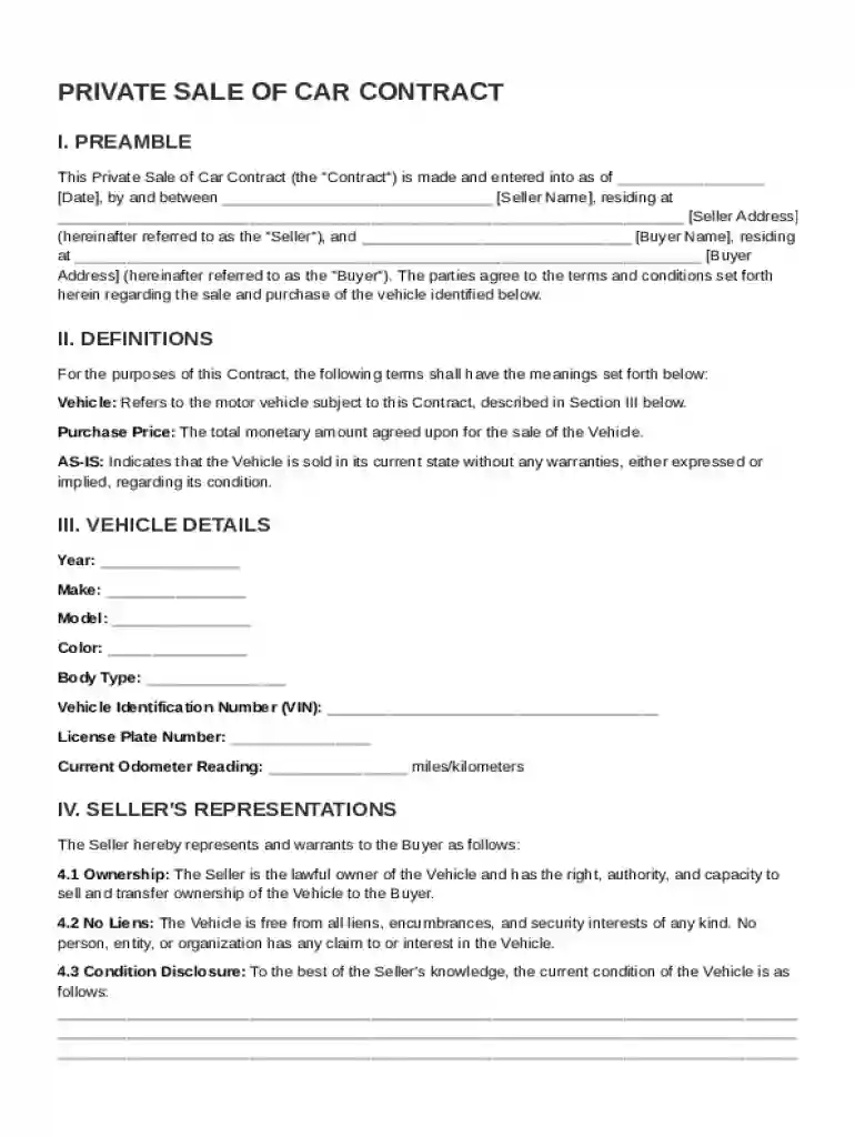 Private Sale Of Car Contract Template Preview on Page 1