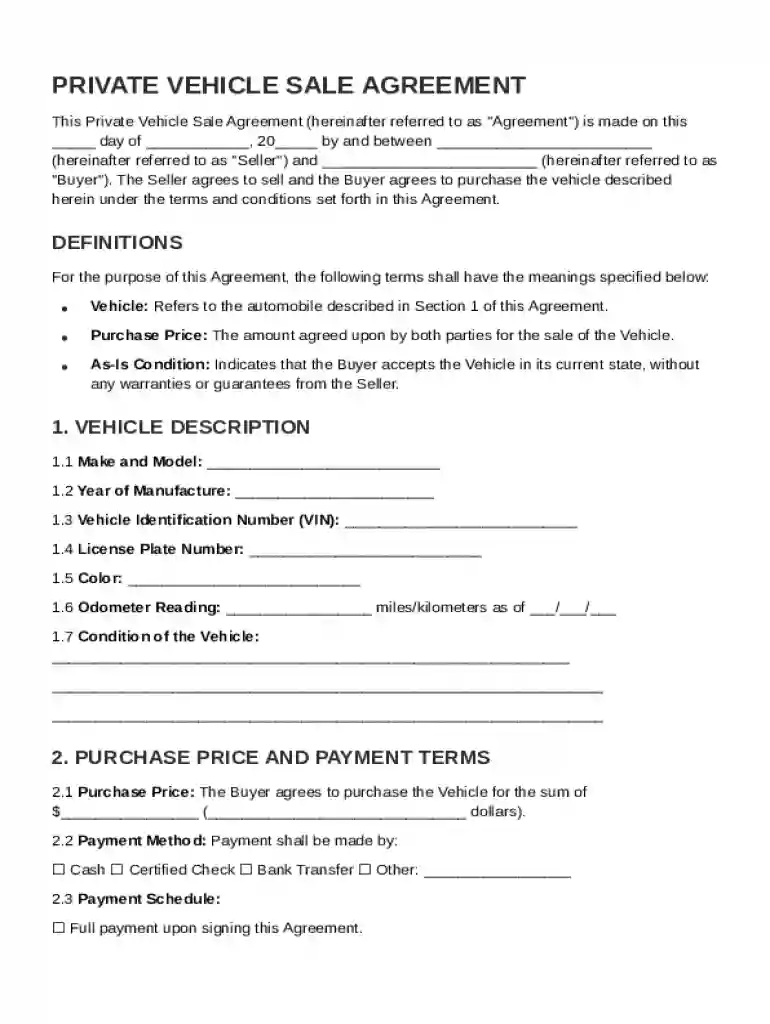 Private Seller Car Contract Template Preview on Page 1