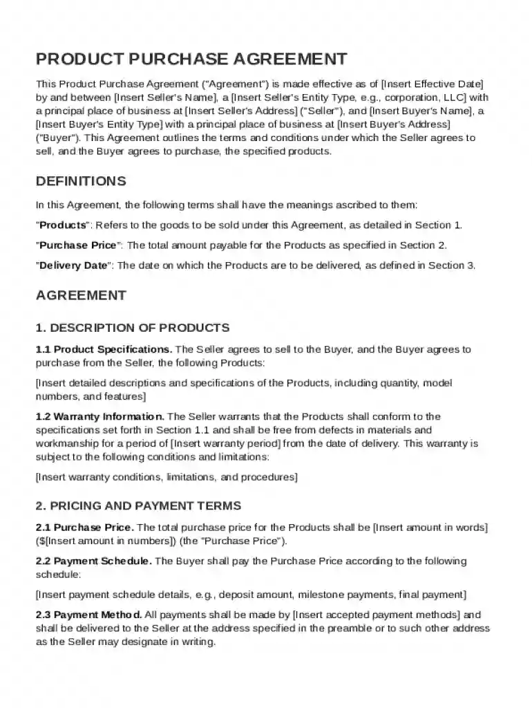 Product Contract Template Preview on Page 1