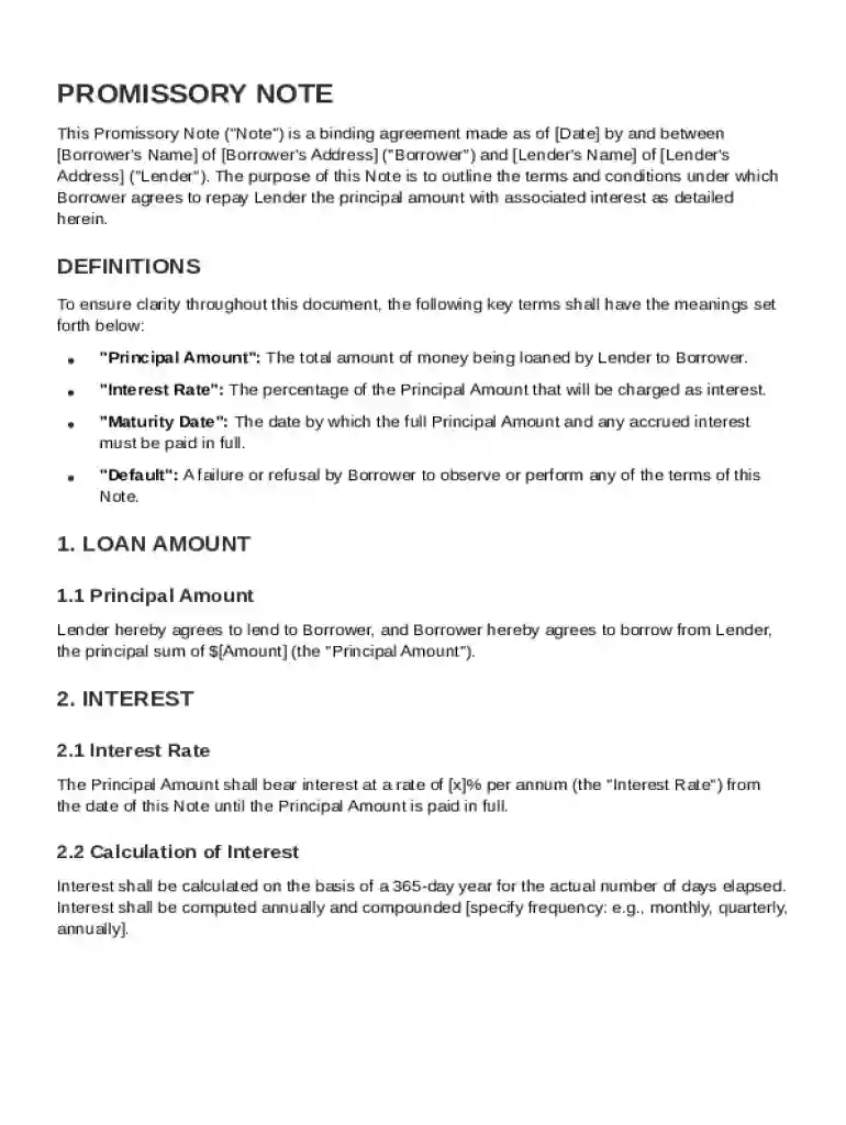 Promissory Note Contract Template Preview on Page 1