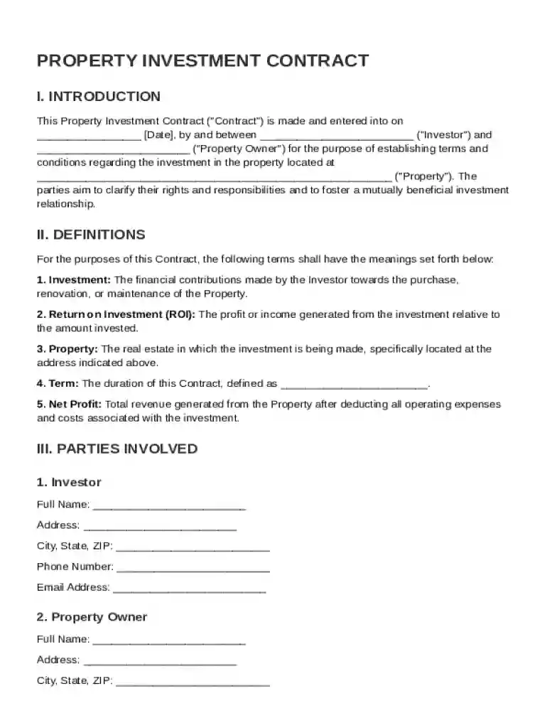 Property Investment Contract Template Preview on Page 1