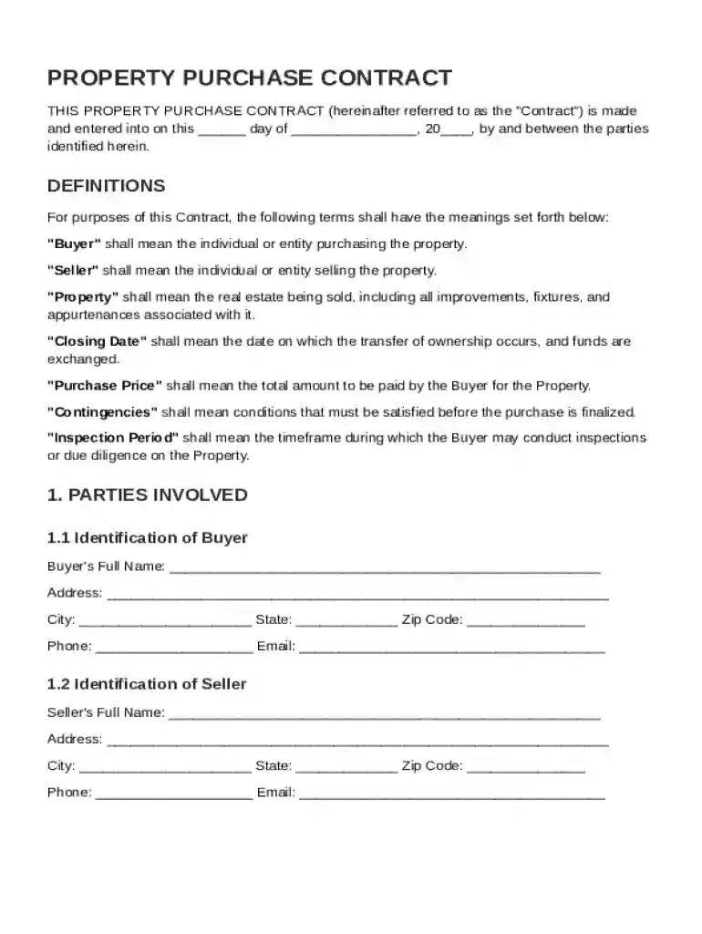 Property Purchase Contract Template Preview on Page 1